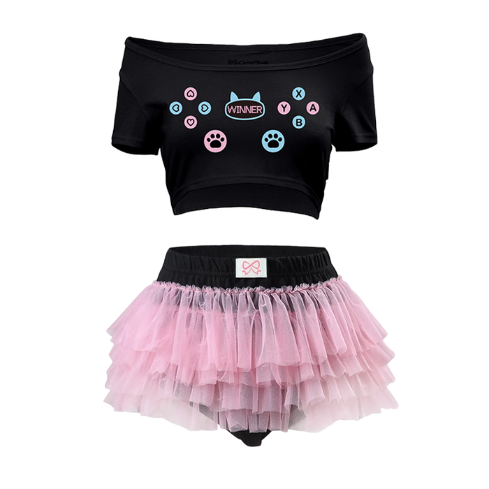 Ensemble Décontracté Femme - Bralette Et Shorty Sport En Coton - Motif Patte De Chat