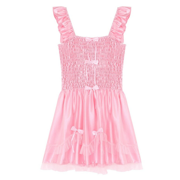 Shirred Pink Satin Summer Dress
