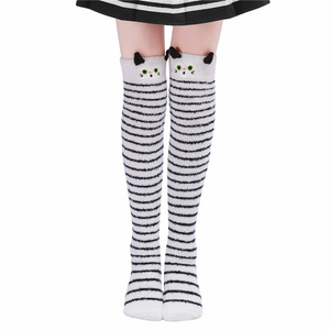 LFB Coral Fleece Thigh High Socks - Black & White Cat