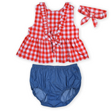 Plaid Denim Littles Outfit with Bow
