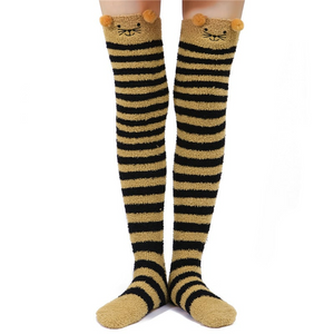LFB Coral Fleece Thigh High Socks - Brown Cat