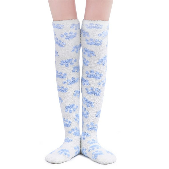 LFB Coral Fleece Thigh High Socks - White with Blue Paws