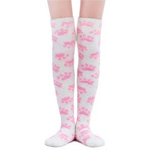 LFB Coral Fleece Thigh High Socks - White with Pink Paws